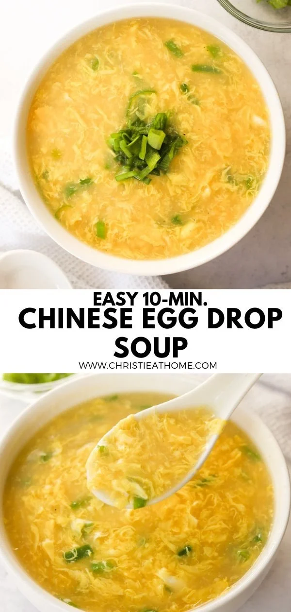 Bowl of easy 10-minute egg drop soup with a sprinkle of green onions