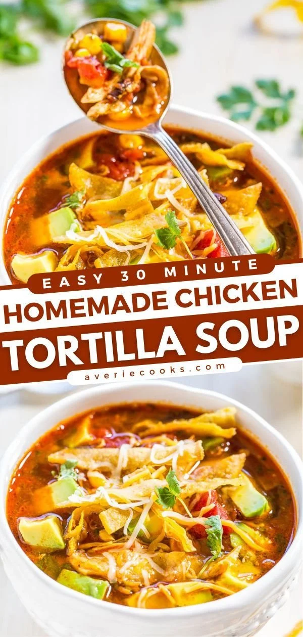 Bowl of easy homemade chicken tortilla soup with fresh toppings
