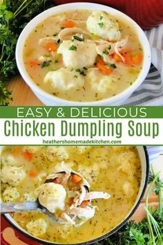 Bowl of homemade chicken dumplings soup with fresh herbs and vegetables