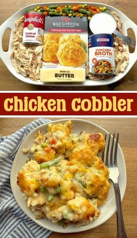Easy Chicken Cobbler casserole made with Red Lobster Biscuit Mix.