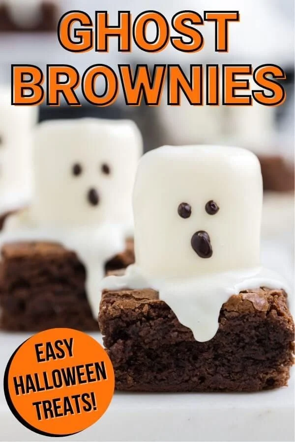 Delicious easy ghost brownies decorated for Halloween treats.