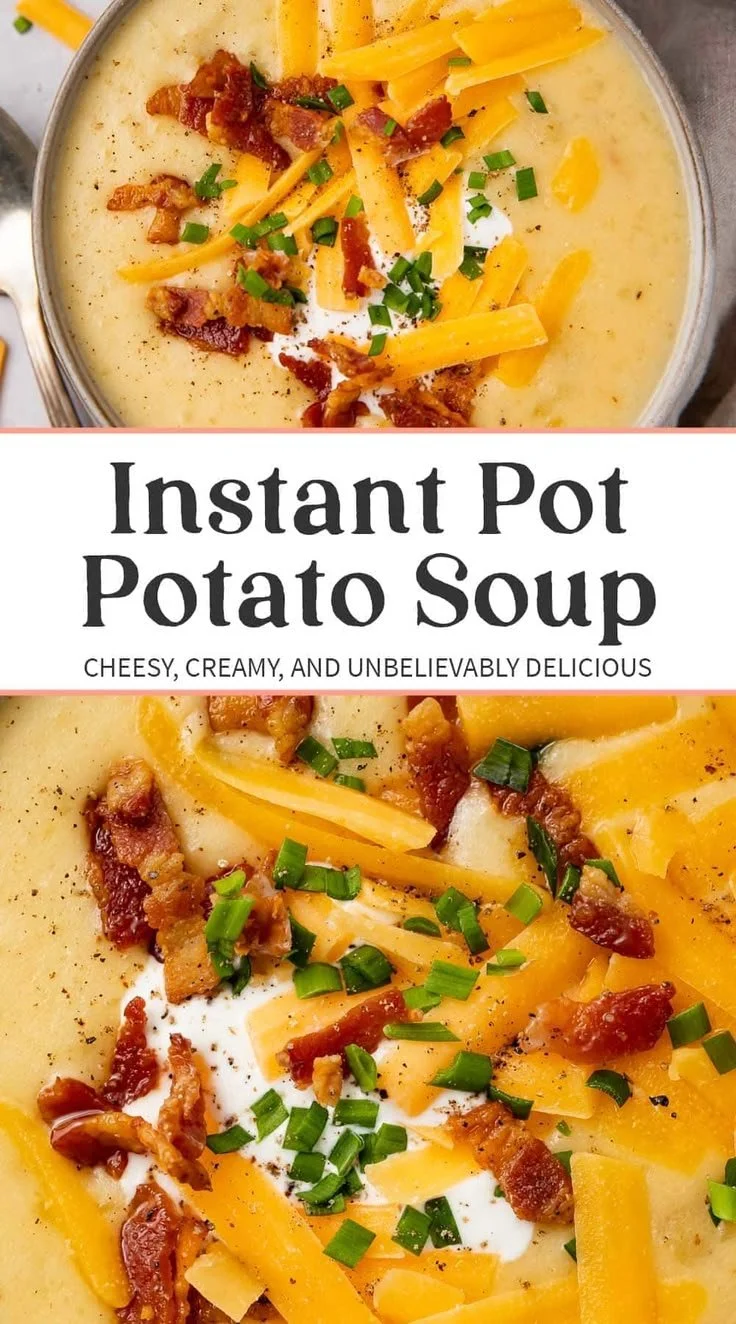 A bowl of creamy Instant Pot potato soup garnished with herbs.