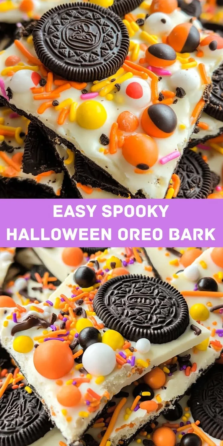 Spooky Halloween Oreo Bark made with crushed Oreos and colorful sprinkles