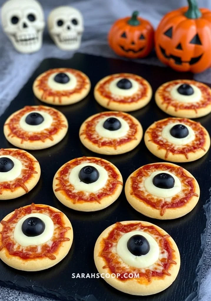 Decorated eyeball mini pizzas ready for kids to enjoy and decorate.