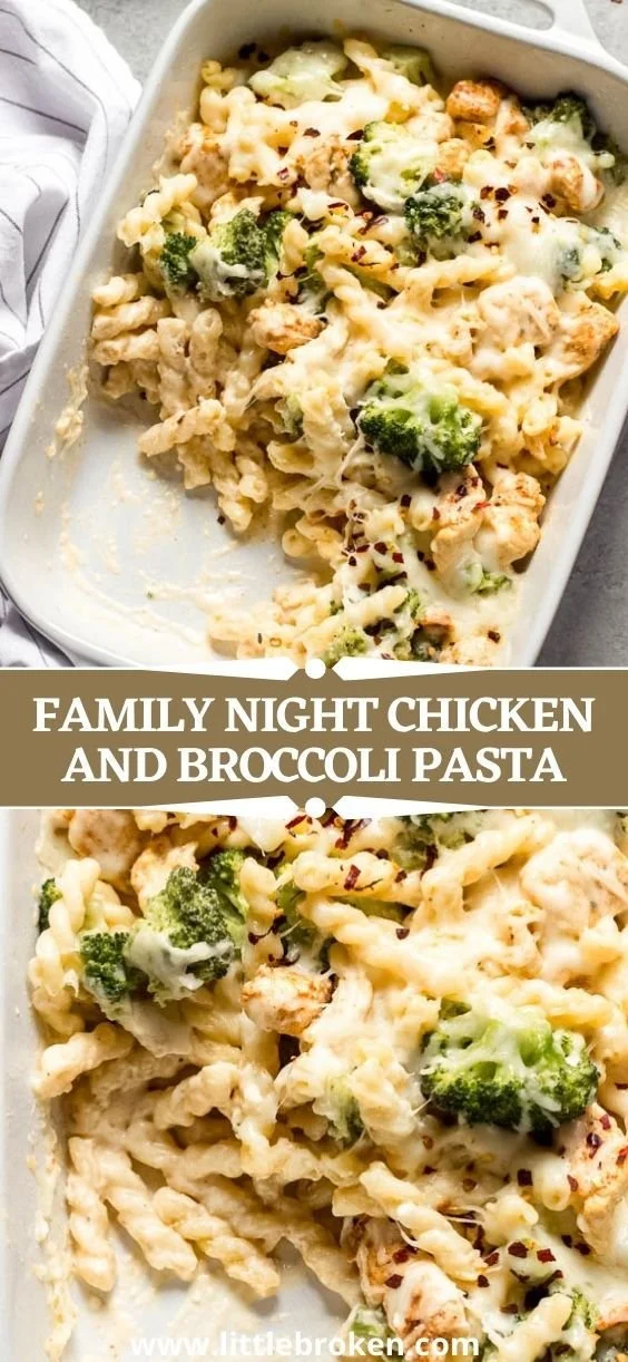 Baked chicken broccoli pasta in a casserole dish, perfect for family night dinner