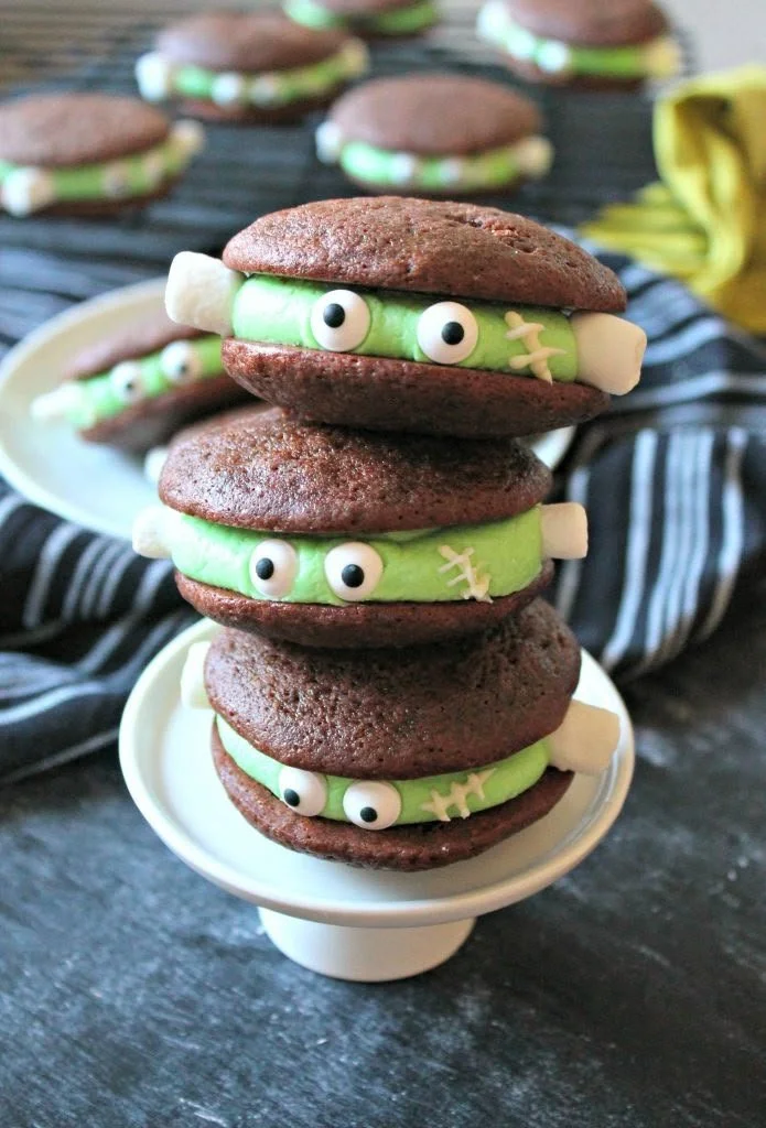 Frankenstein chocolate whoopie pies decorated for Halloween