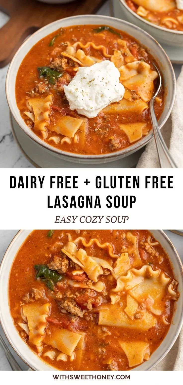 Delicious gluten free lasagna soup in a bowl, garnished with fresh herbs.