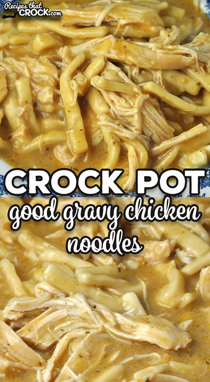 Delicious Crock Pot Chicken Noodles served in a bowl with gravy.
