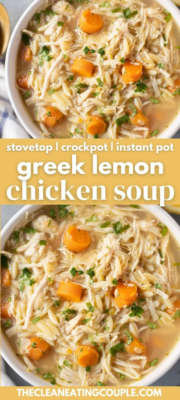 Bowl of Greek Lemon Chicken Soup garnished with lemon and herbs