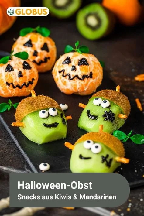 Spooky Grusel-Obst fruit arrangement for Halloween-themed events.