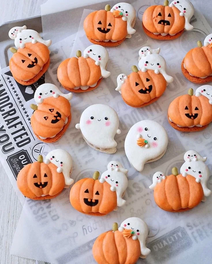 Decorated pumpkins and ghost cookies for Halloween baking inspiration