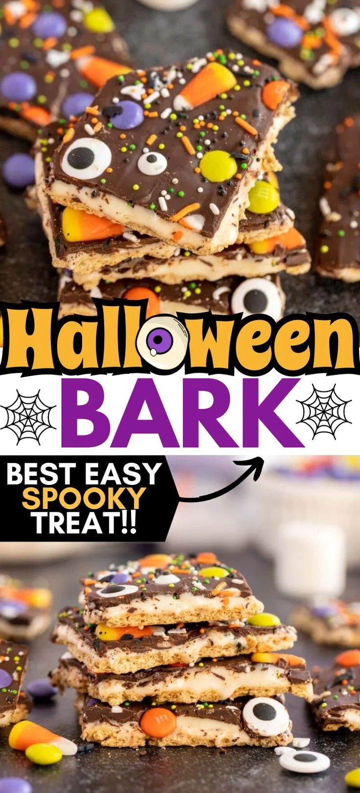 Colorful Halloween Bark made with chocolate and candy for festive treats
