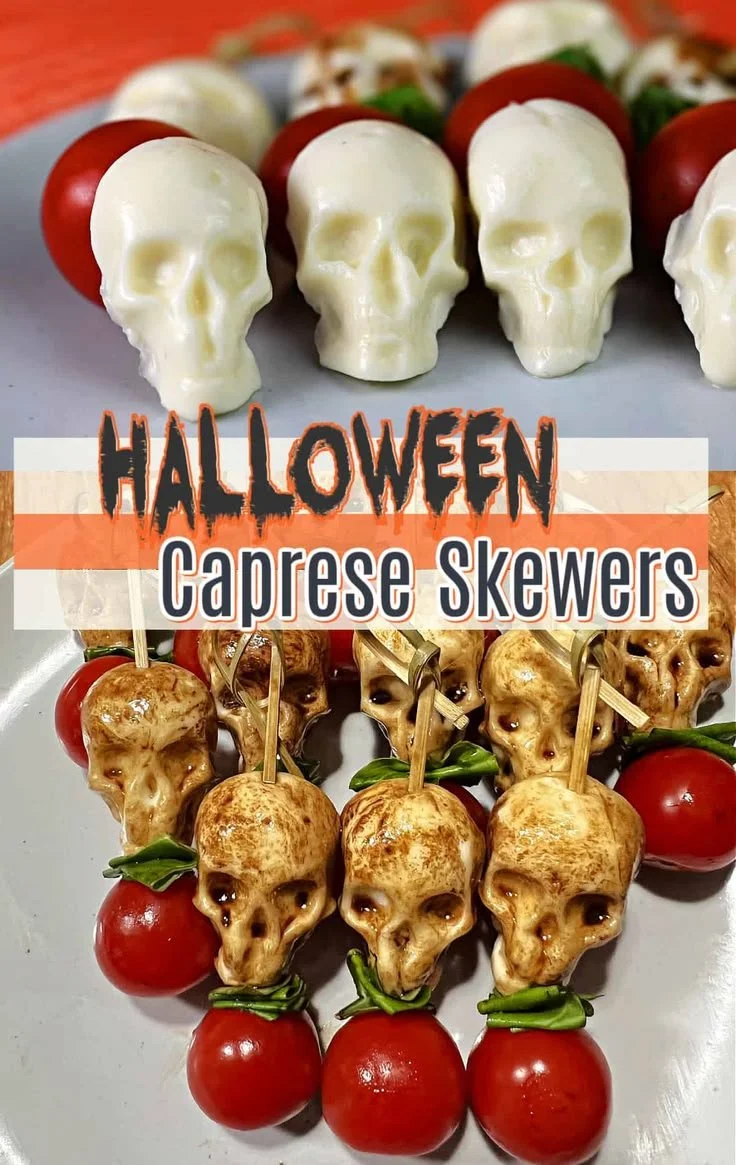Halloween Caprese appetizer skewers with mozzarella, tomatoes, and basil for festive gatherings