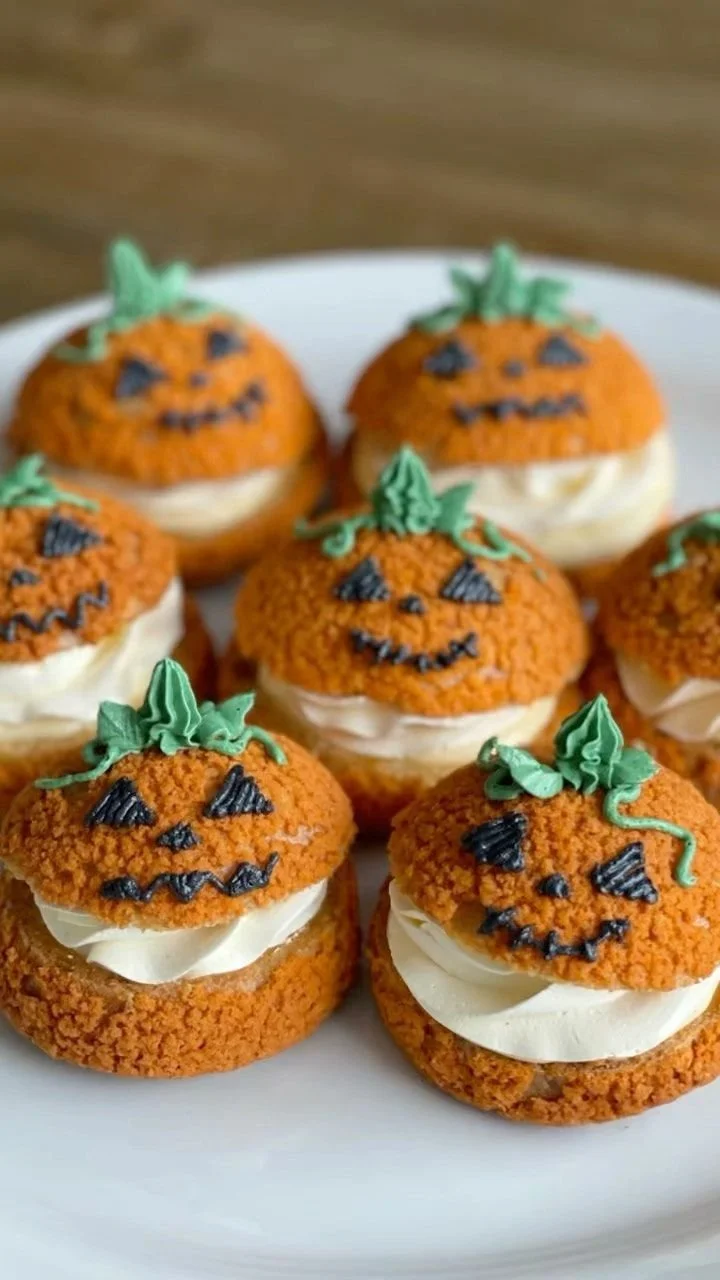 Halloween cream puffs decorated for a festive dessert table