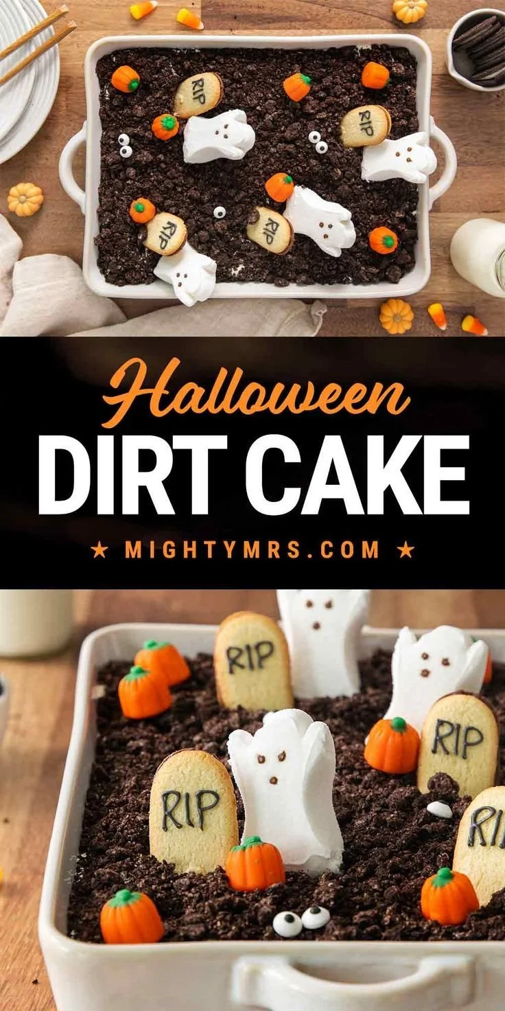 Halloween Dirt Dessert with gummy worms and crushed cookies in a spooky setup