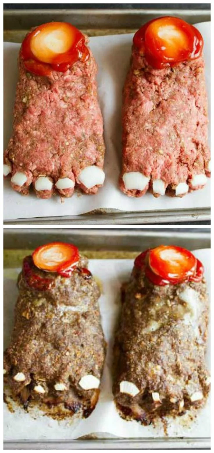 Halloween Feet Loaf, a spooky meatloaf shaped like feet for Halloween dinner.