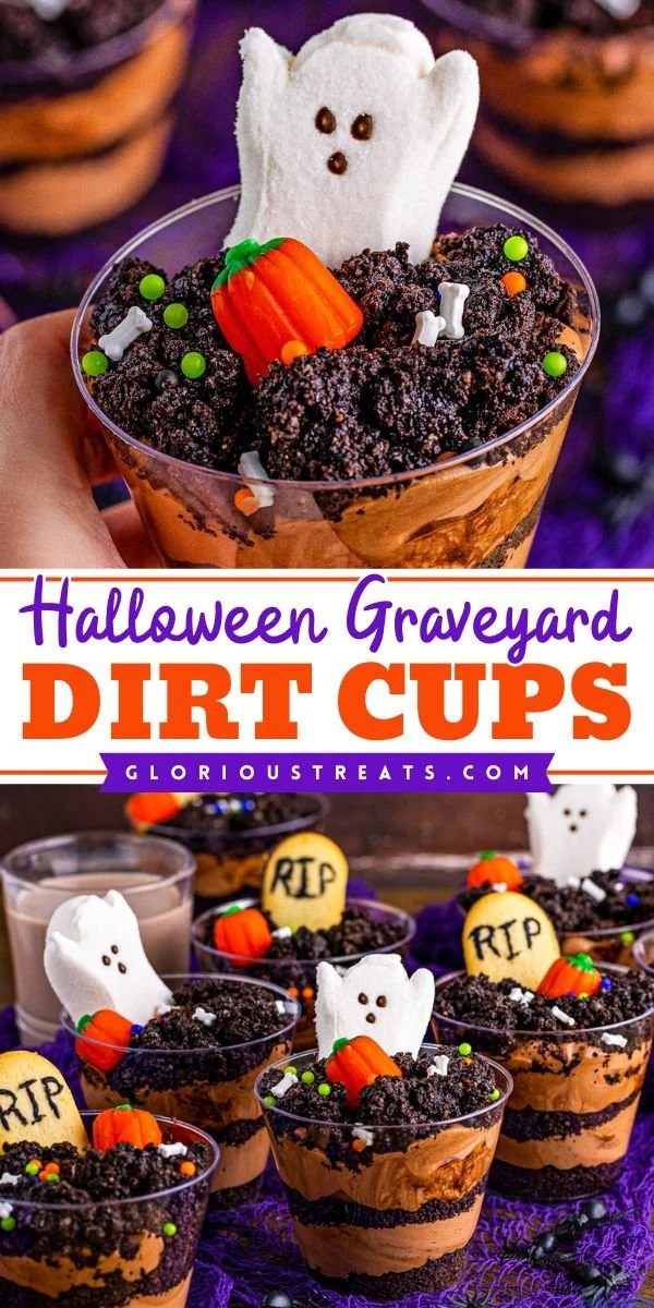 Halloween graveyard dirt cups decorated with gummy worms and chocolate cookies