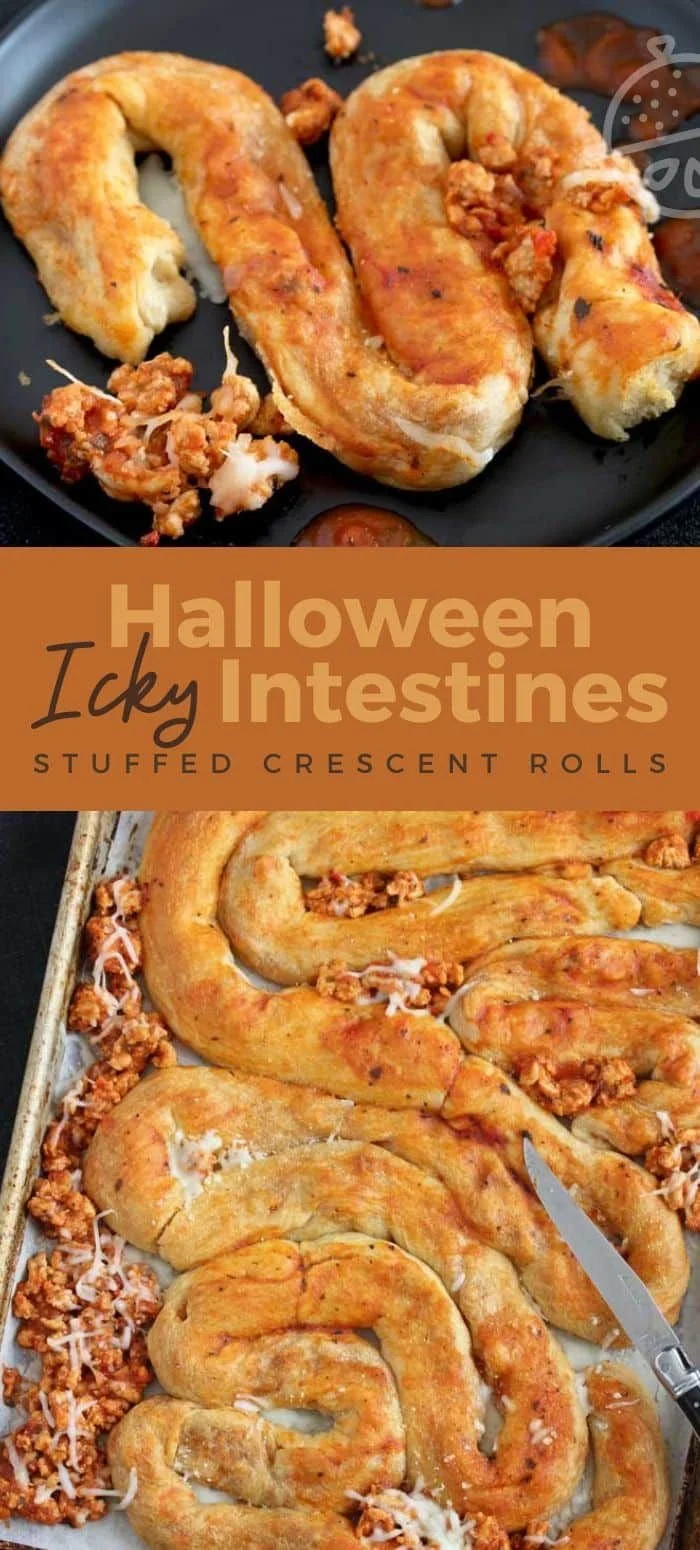 Halloween stuffed crescent rolls shaped like Icky Intestines