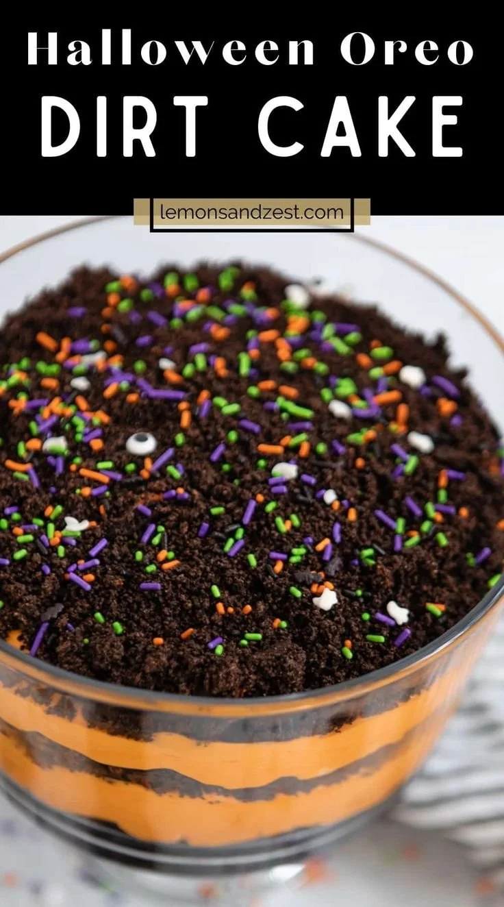Halloween Oreo Dirt Cake with spooky decorations and creamy layers.