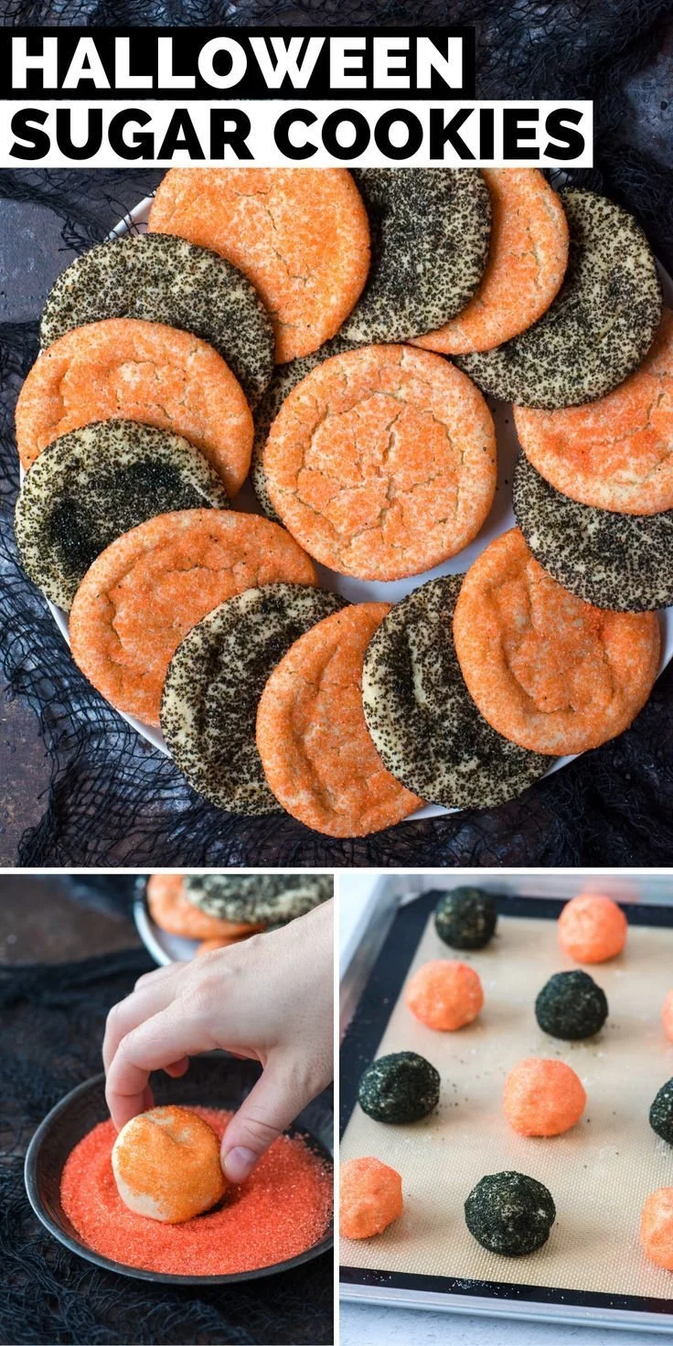 Decorated Halloween sugar cookies in spooky shapes and colors.