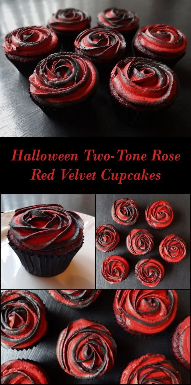 Halloween Two-Tone Rose Red Velvet Cupcakes with festive decoration