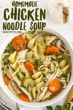 Bowl of healthy homemade noodle soup with fresh ingredients and herbs