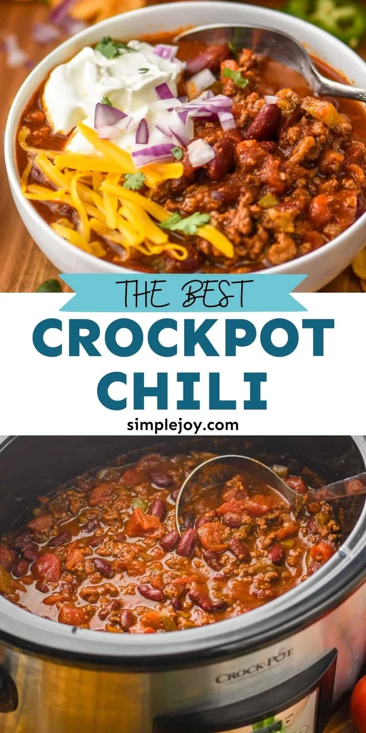 Bowl of hearty crock pot chili with beans, ground beef, and spices