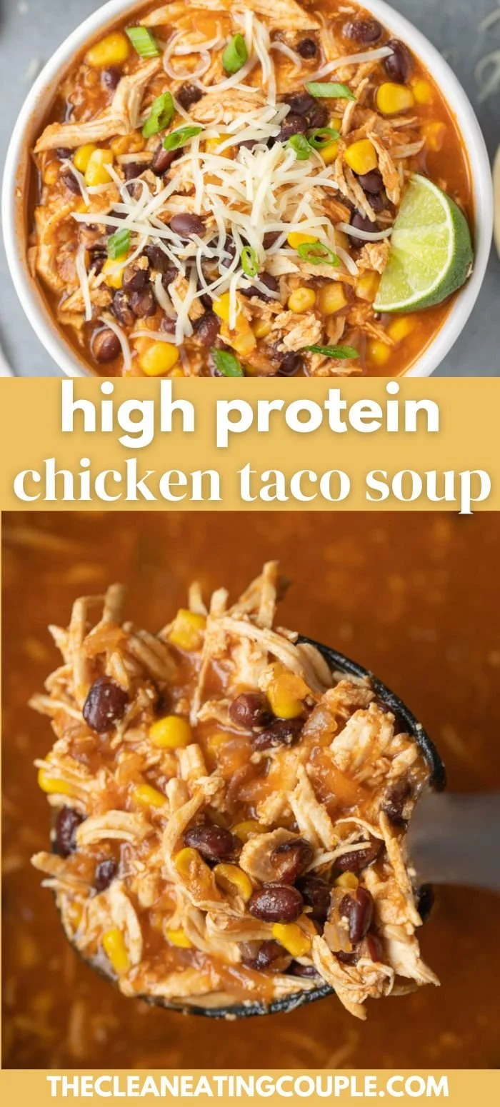 Bowl of high protein chicken taco soup with toppings