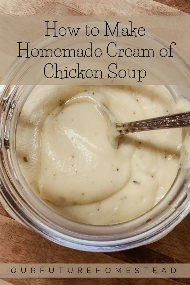 Bowl of homemade cream of chicken soup garnished with herbs