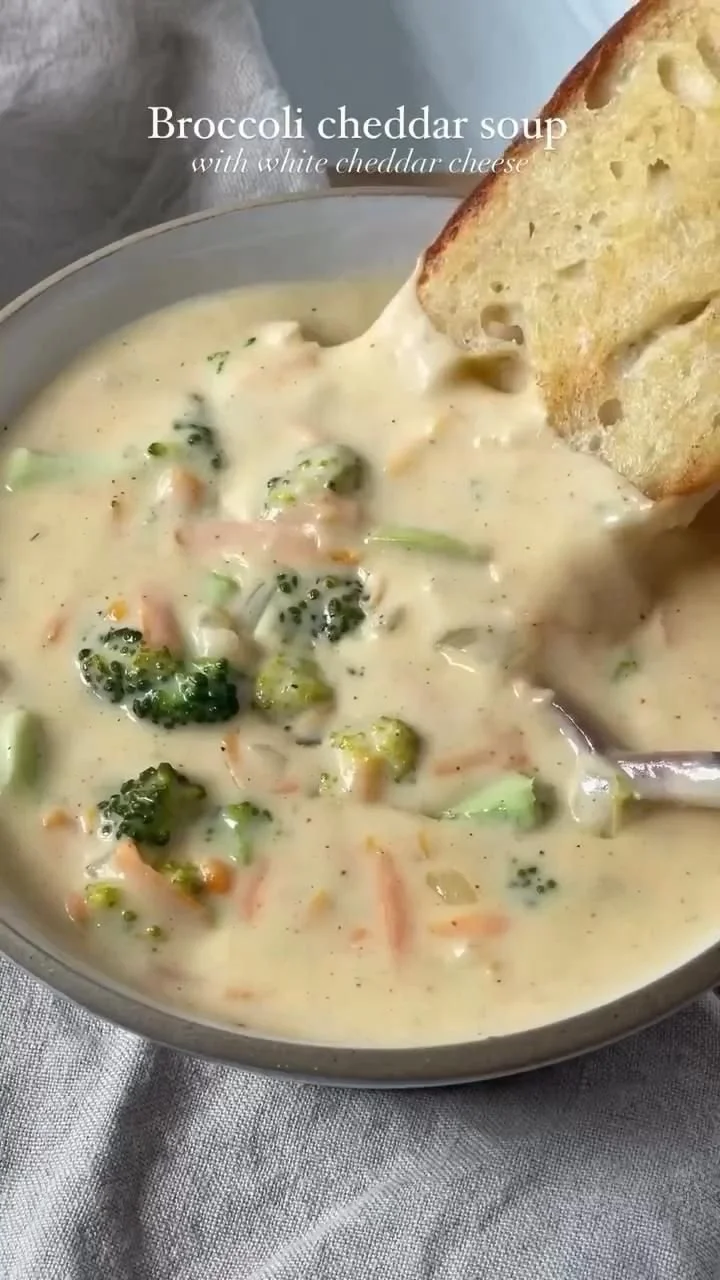 Delicious Broccoli Cheddar Soup made with white cheddar cheese for a healthy meal.