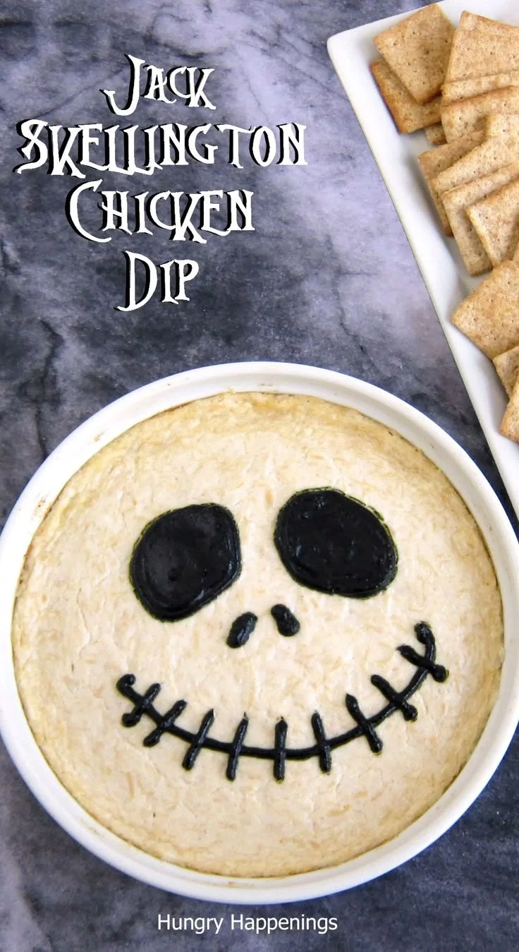Jack Skellington Dip served in a Halloween-themed bowl