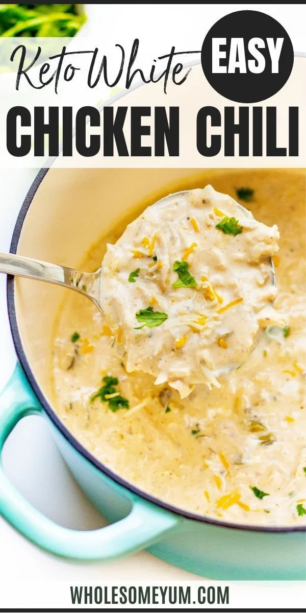 Bowl of Keto White Chicken Chili topped with fresh herbs and spices.