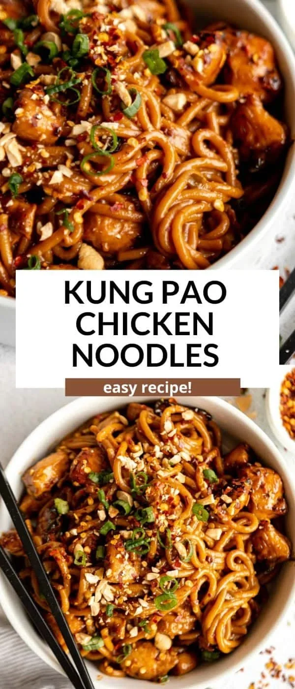 Bowl of Kung Pao Chicken Noodles garnished with peanuts and green onions