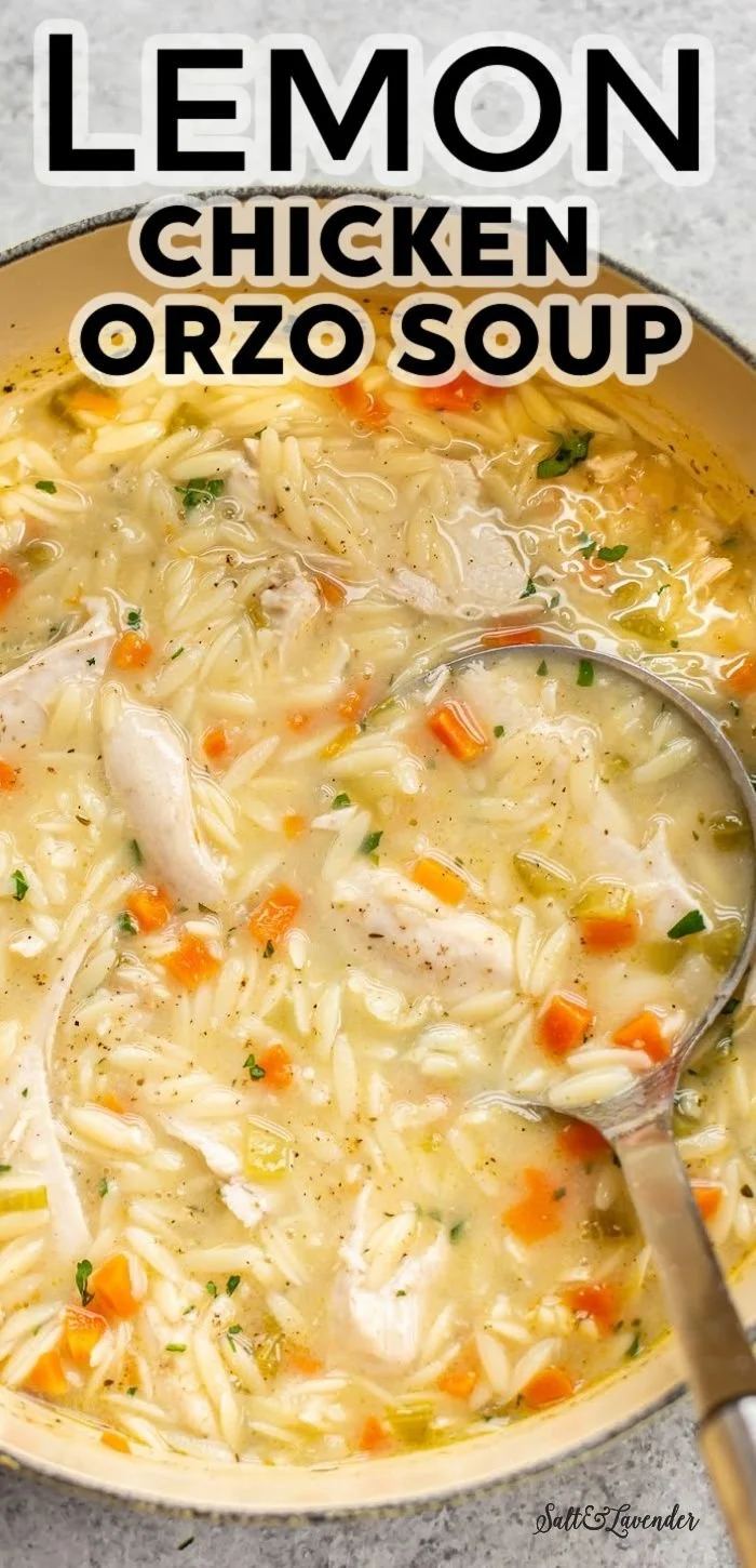 Bowl of Lemon Chicken Orzo Soup garnished with fresh herbs