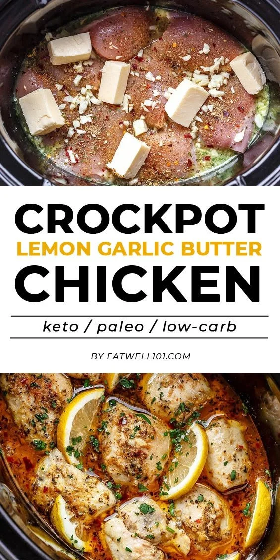 Lemon garlic butter chicken thighs cooked in a crock pot.