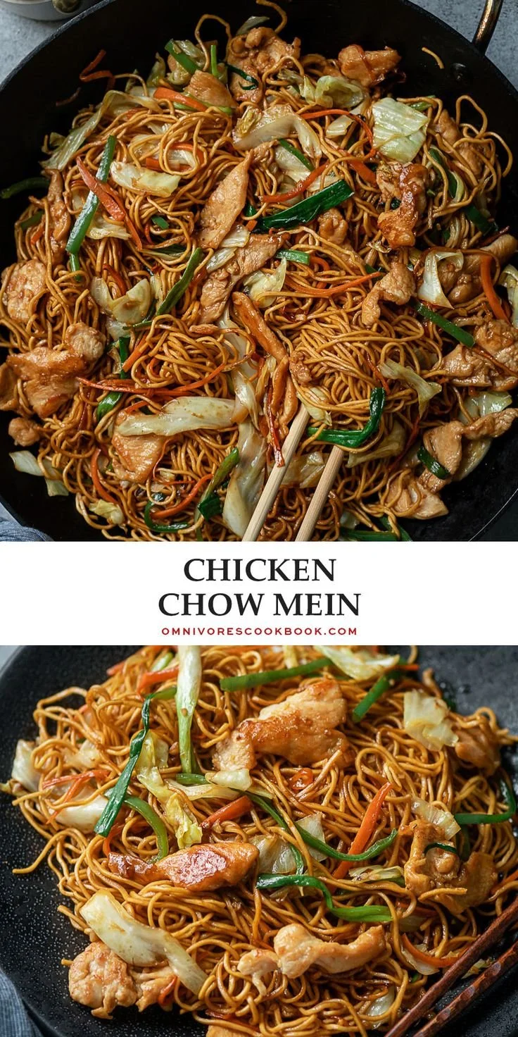 Delicious homemade chicken chow mein with fresh vegetables and noodles