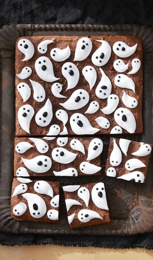 Spooky Halloween Marshmallow Ghost Brownies decorated for Halloween treats