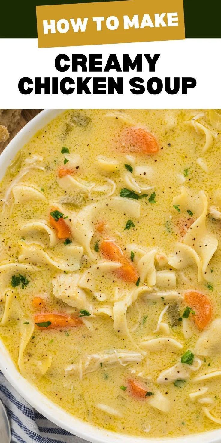 Bowl of creamy chicken noodle soup with vegetables and herbs