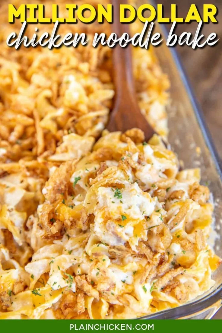 Million Dollar Chicken Noodle Bake casserole dish ready to serve.