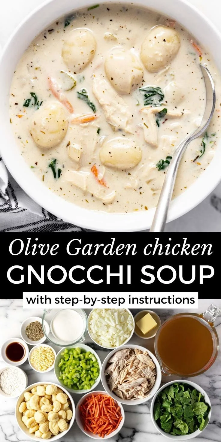 Bowl of Olive Garden Chicken Gnocchi Soup garnished with herbs and served hot
