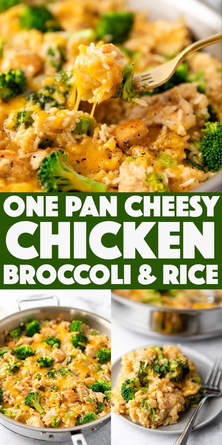 One pan cheesy chicken broccoli and rice dish, a perfect weeknight comfort food meal.