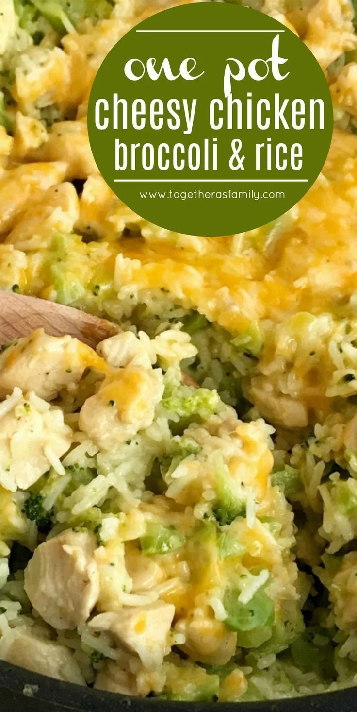 One Pot Cheesy Chicken Broccoli Casserole served in a baking dish with melted cheese on top.