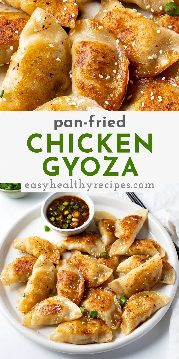 Delicious pan-fried chicken gyoza served with gyoza sauce on a plate.