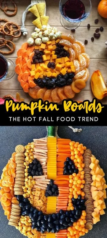 A beautifully arranged pumpkin snack board with seasonal treats and appetizers.