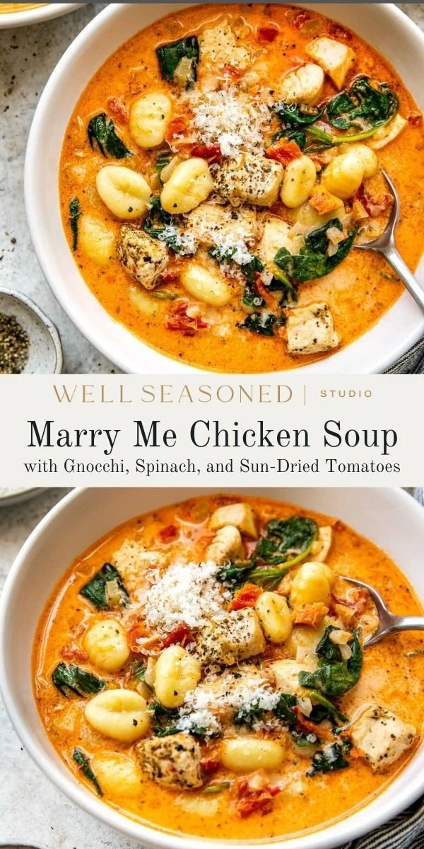 Bowl of rich creamy Marry Me Chicken Soup garnished with herbs