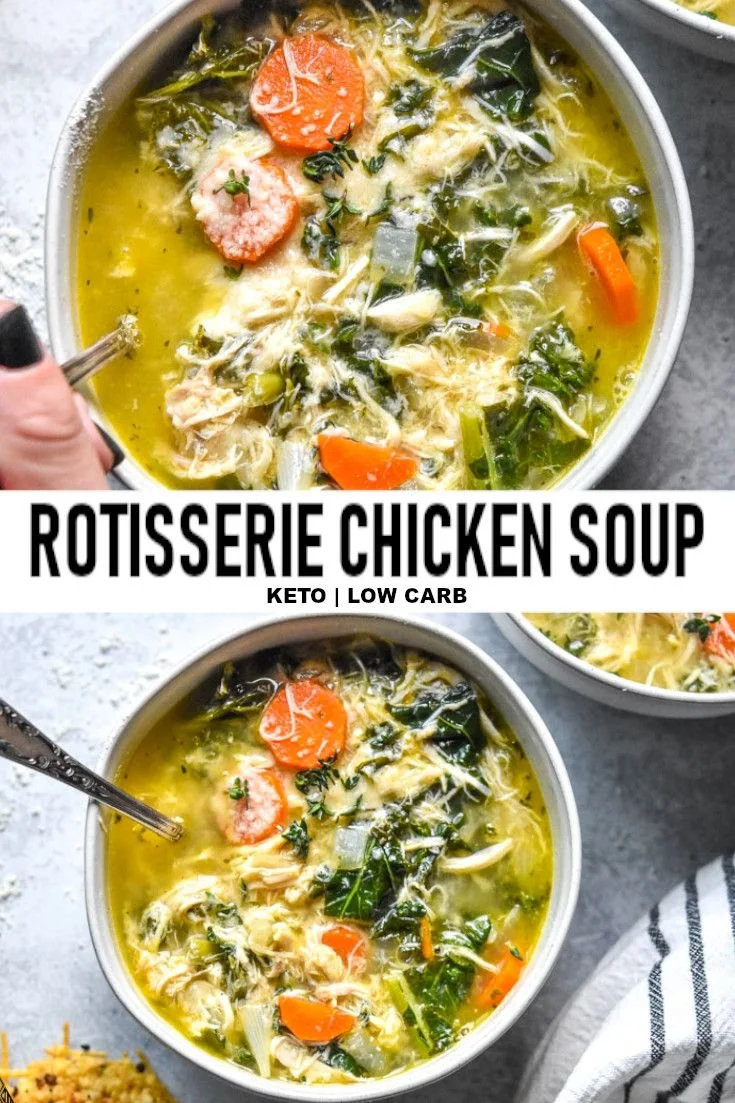 Bowl of low carb rotisserie chicken soup with vegetables and herbs