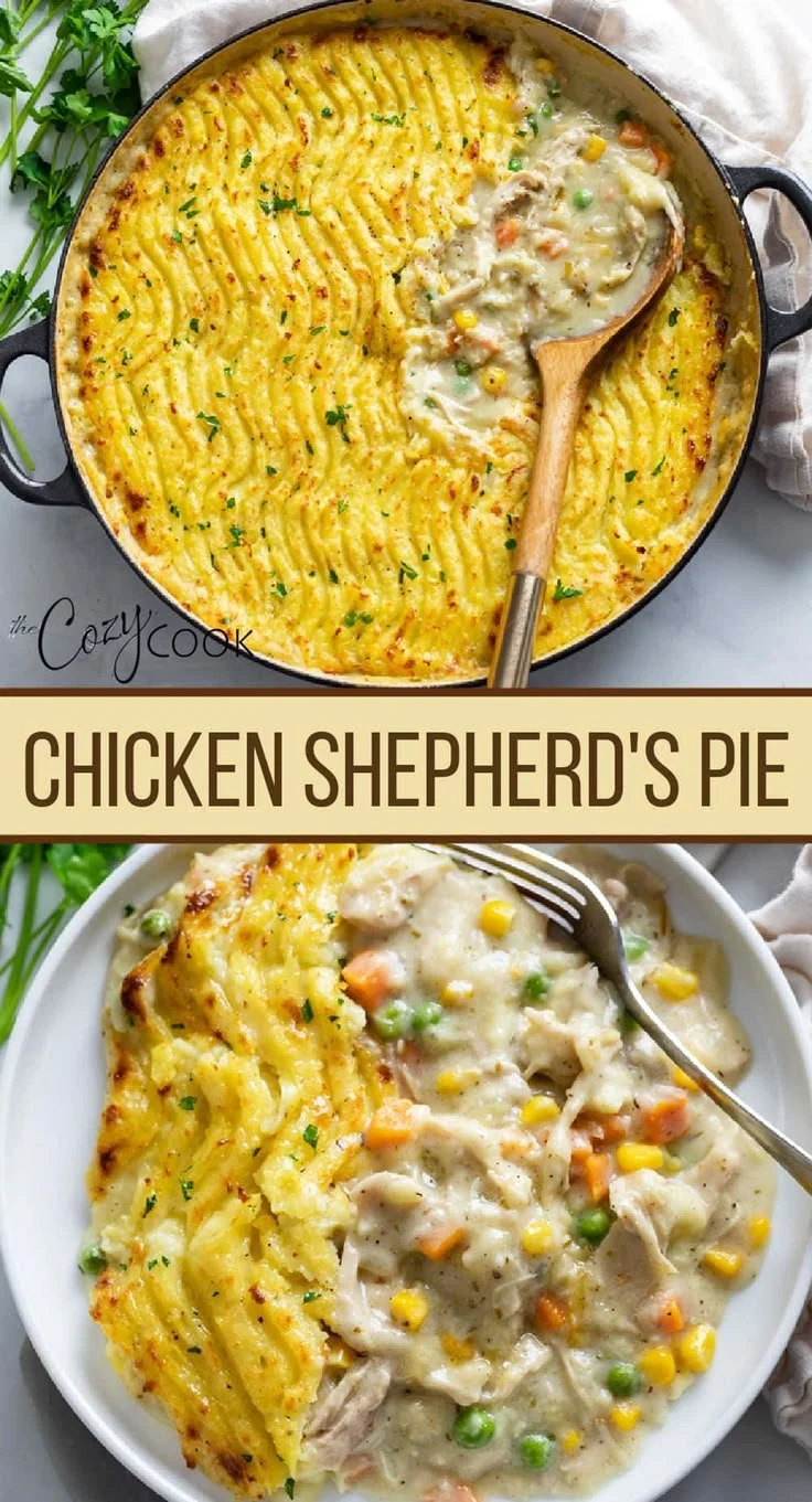 A delicious Chicken Shepherd's Pie made with leftover chicken and topped with creamy mashed potatoes.