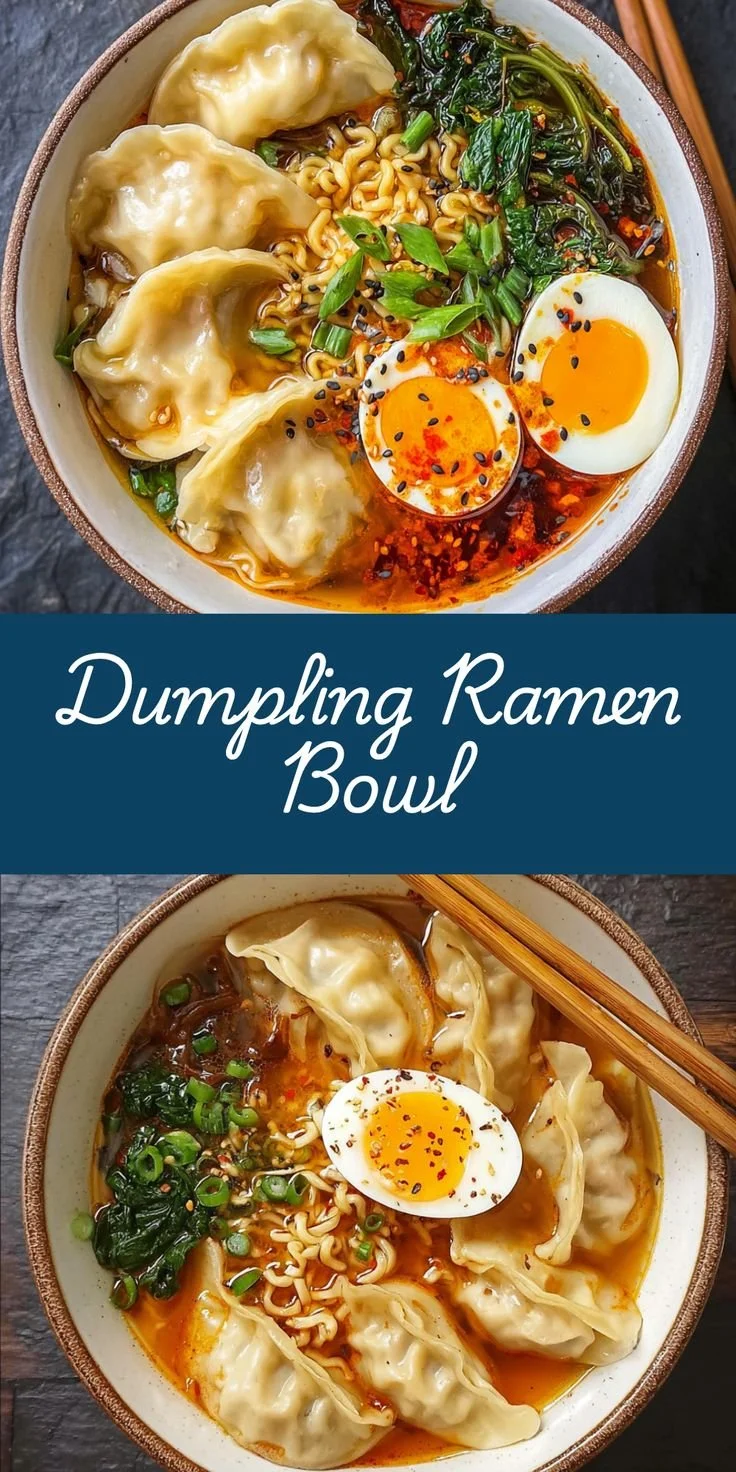 Savory dumpling ramen bowl with soft-boiled eggs and fresh greens