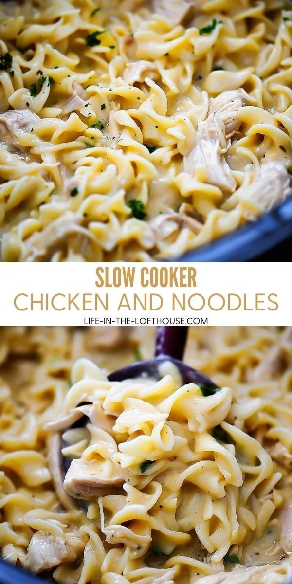 Delicious slow cooker chicken and noodles served in a bowl