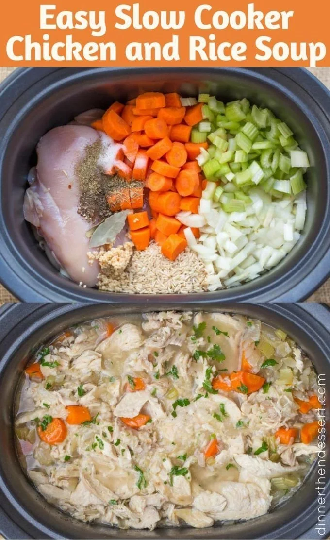 Bowl of delicious slow cooker chicken and rice soup with vegetables